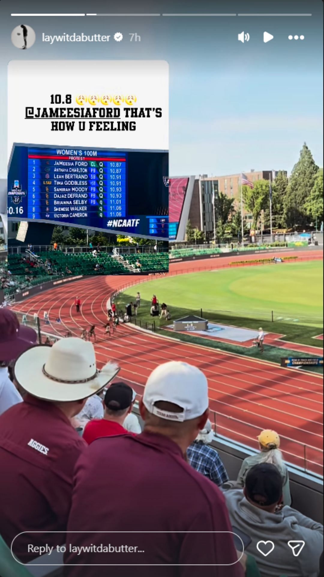 MiLaysia Fulwiley hypes up Ford after her record-setting sprint | via @laywitdabutter/ig
